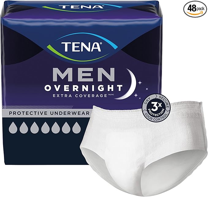 TENA Overnight Extra Coverage Incontinence Underwear for Men, Masculine and Discreet, Large/X-Large, 48 ct