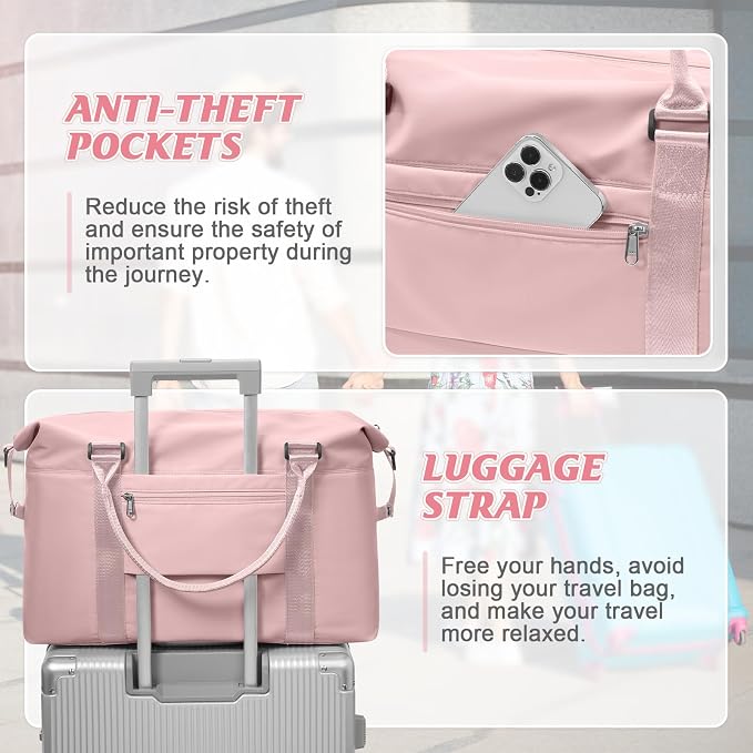 Womens travel bags, weekender carry on for women, sports Gym Bag, workout duffel bag, overnight shoulder Bag fit 15.6 inch Laptop Pink Large