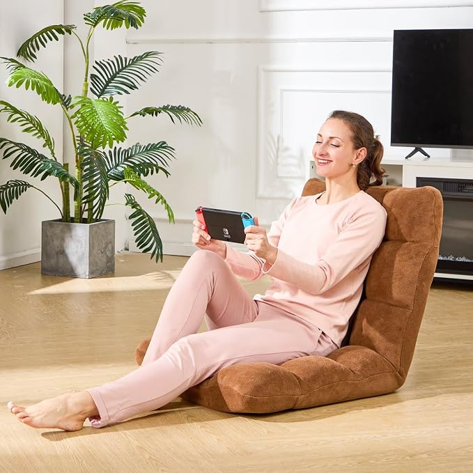 Folding Floor Gaming Chair 14-Poistion Cushioned Adjustable Floor Lazy Sofa Chair w/Breathable Cotton & Skin-Friendly Flannel for Adults & Kids Perfect for Reading Gaming Meditating, Brown