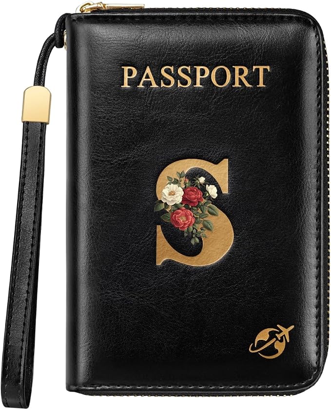 Passport Holder for Travel Personalized Wallet with Wristlet Women | Passport Cover, RFID Blocking, Passport Book Holders, Back Coin Pocket, Zipper Closure, Roses Initial Letter, Black S
