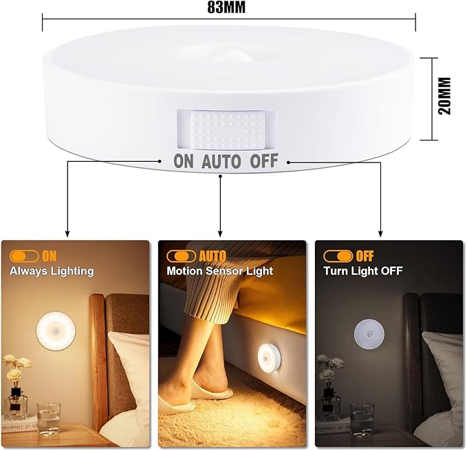 Motion Sensor Light Indoor, 6 Pack Upgraded Night Light - Warm White | 14 LEDs, USB Rechargeable, 3 Light Modes & Long Last Battery, Cordless Magnetic Nightlight for Bedroom, Closet, Hallway