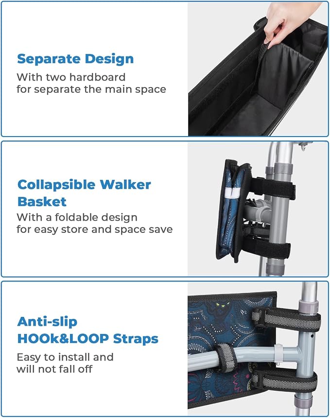 JOYTUTUS Walker Basket for Seniors, Basket for Walkers with Cup Holder, with Two Split Board, Foldable Walker Storage Bag, for Family and Friends, Navy (Not Fit Rollator Walkers)