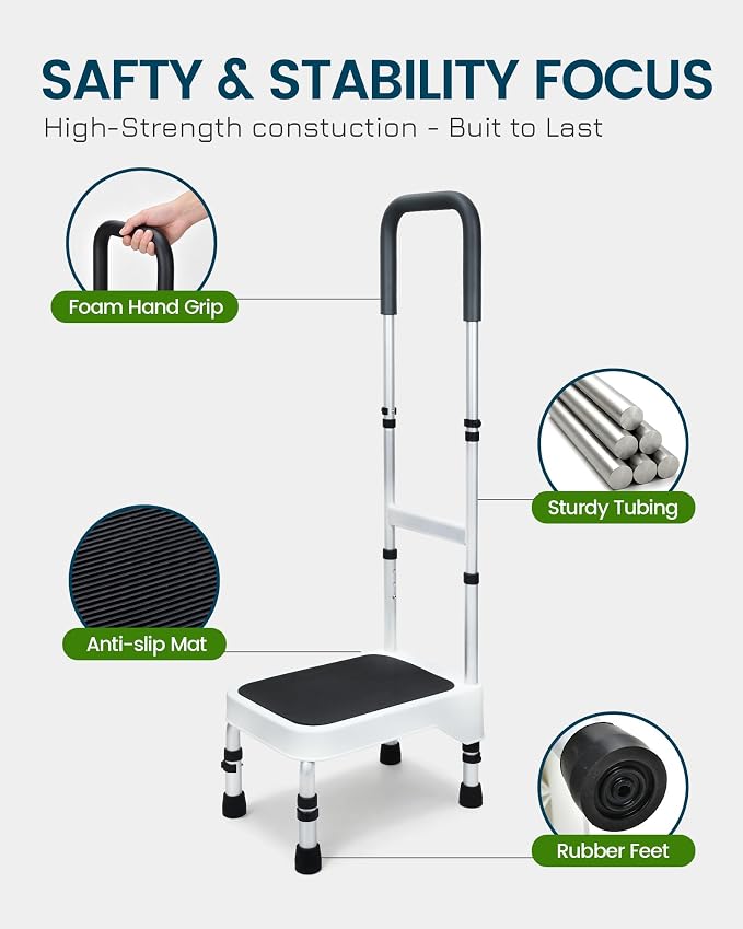 Step Stool with Handle for Elderly - Portable Step Stools for Adults - Step Stool for Bed - Stepping Stool with Adjustable Handle and Legs Supports up to 275 LBS, HDB-503A