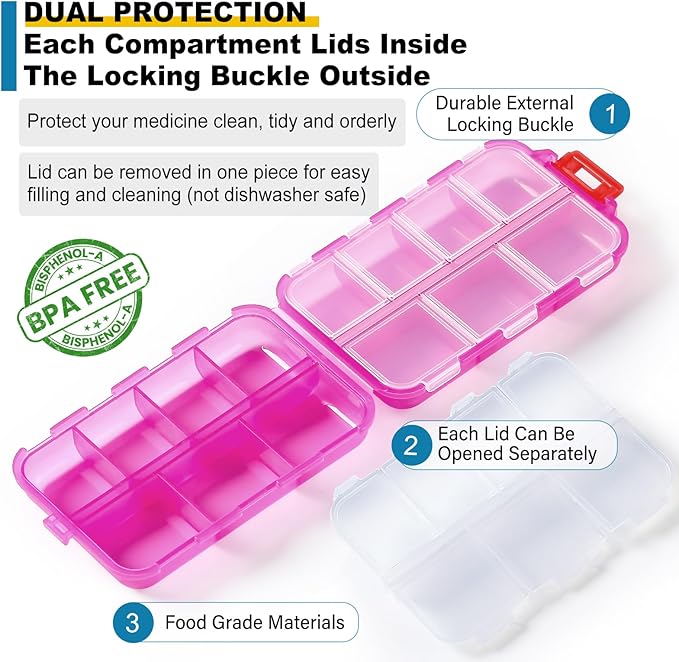 3 Pack 14 Grids Travel Pill Organizer Box with 415-Pcs Medicine Name Labels - Pocket Daily Pharmacy Case Container Kit - Travel Medication Holder Dispenser for Fish Oil Vitamin Supplement - Clear