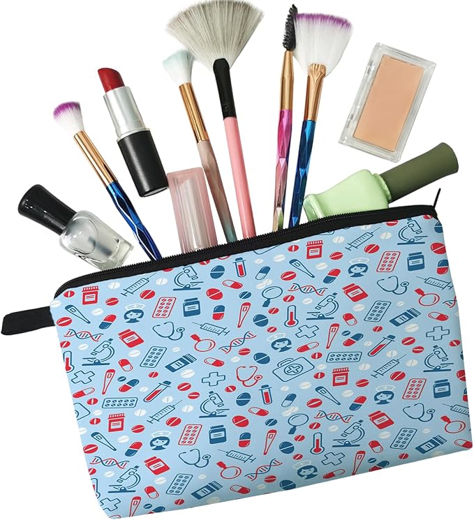 Livel lhood Blue Medical Supplies Small Makeup Zipper Bag | Blue Medical Supplies Printed Cosmetic Organizer Pouch, Medical Theme Gift for Women Friends, Cute Travel Toiletry Bag