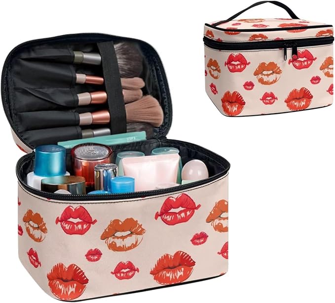 Red Kiss Lips Makeup Bag Travel Cosmetic Bag for Women, Women Lip Pattern Portable Travel Bag for Toiletries Makeup Box