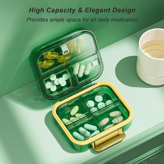 Portable Travel Pill Organizer with 7 Compartments - Perfect Weekly Pill Case Waterproof Pill Box for Daily Vitamins and Medicine, Small Pill Container for Pocket Purse (Black)