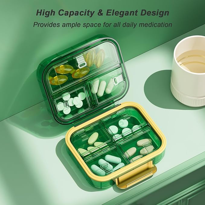 Portable Travel Pill Organizer with 7 Compartments - Perfect Weekly Pill Case Waterproof Pill Box for Daily Vitamins and Medicine, Small Pill Container for Pocket Purse (Green)