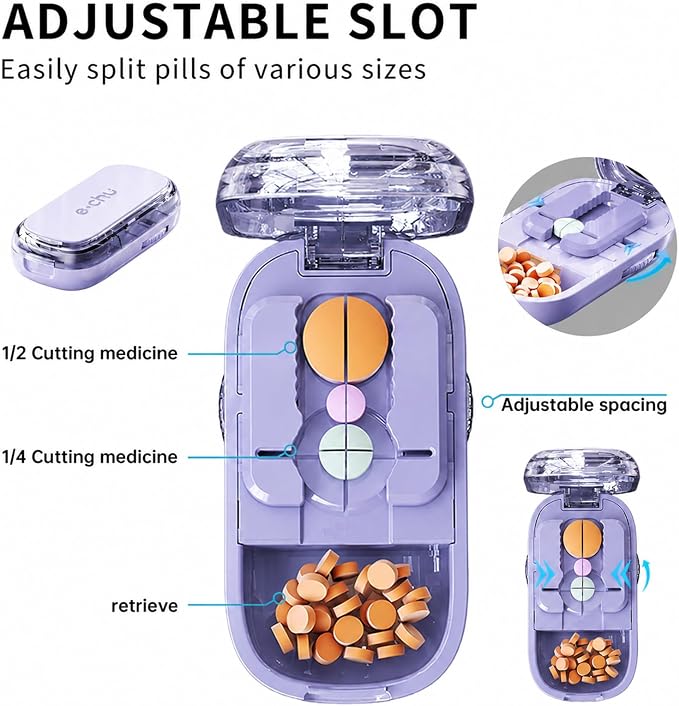Pill Cutter Splitter for Small and Tiny Pills - Adjustable Pill Splitter with Centering Device for Cutting Multiple Pills, Accurate Alignment and Easy to Use, Storage Organizer (Purple)