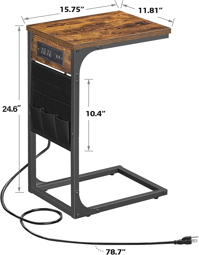 TUTOTAK C Shaped End Table with Charging Station, Side Table for Sofa | Couch Table with Storage Bag, TV Tray with 2 USB Ports and Outlets, Living Room and Bedroom, Brown TB01BB024