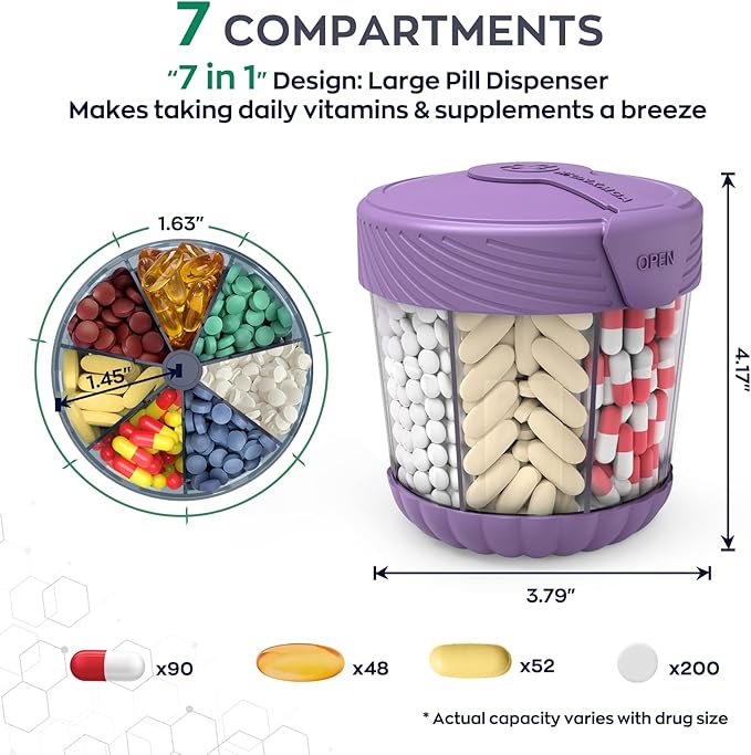 Pill Dispenser with 7 Large Compartments, Portable Pill Bottle Organizer for Travel, Anti-Mixing Supplement Organizer Easy Twist Wide-Opening, BPA-Free Pill Container with 20Pcs Labels,Purple
