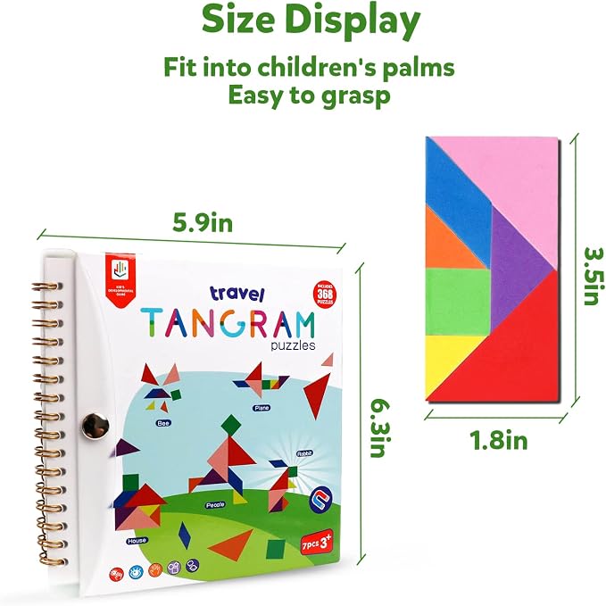 Travel Tangram Puzzle Magnetic Puzzle Book Game Road Trip Game Jigsaw Shapes Dissection STEM Games with Solution IQ Educational Toy for Kid Adult Challenge Brain Teasers 368 Patterns(2Pcs Tangrams)
