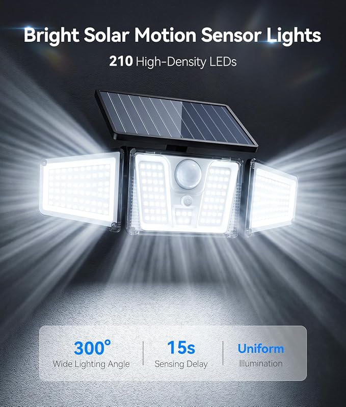 KOOPER Solar Flood Lights, 210 LED Motion Sensor Outdoor Lights, Solar Motion Lights Outdoor Waterproof, 3 Heads 300° Wide Angle Outdoor Security Lights for Yard Patio Garage Entryways, 2 Pack, Black