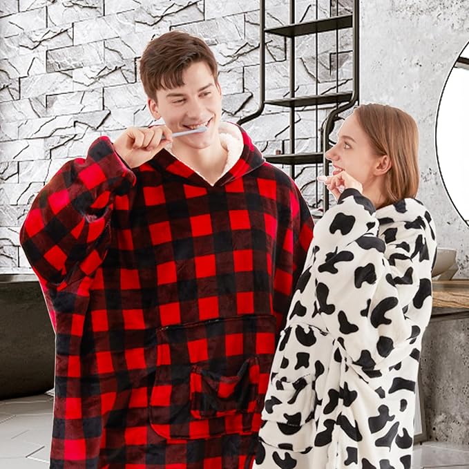 JOYWOO Cow Wearable Blanket Hoodie,Oversized Cat Lovers Sweatshirt Blanket for Adult,Christmas Gifts for Women,Mom,Girlfriend,Cozy Sherpa Hooded Blanket with Giant Pocket and Winter Gifts,Cow Print