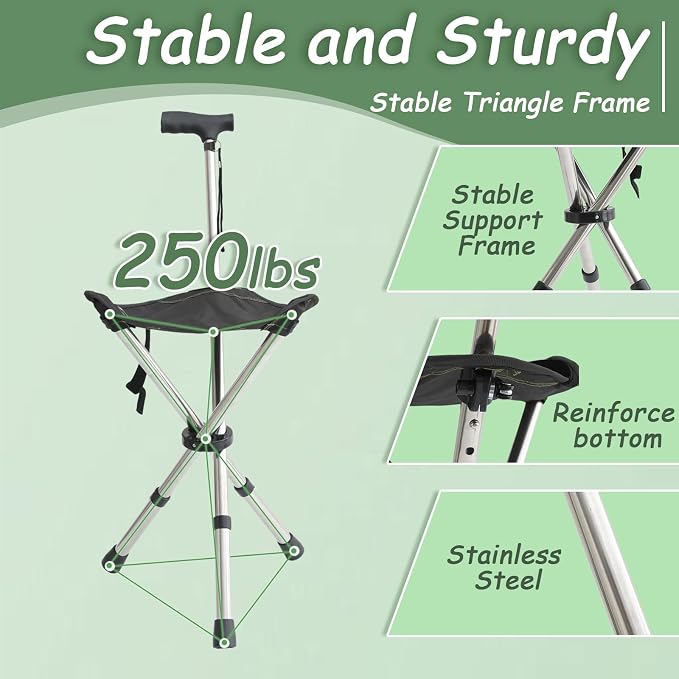 King Mills Lightweight Portable Stools for Adults Heavy Duty, Adjustable Walking Chair for Adults, Anti-Slip Cane Seat Walking Stick Folding Seat 250 Lbs Above Ideal for Camping & Hiking