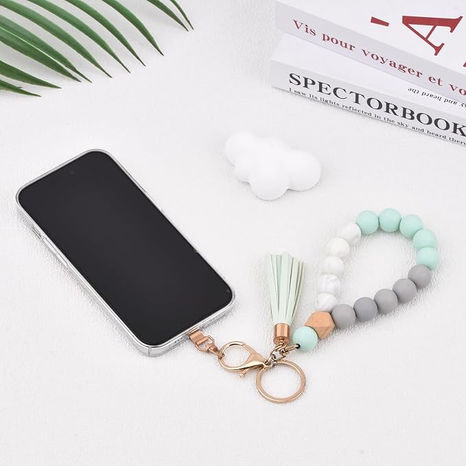 BAOSIWA Silicone Key Ring Bracelet Wristlet Keychain Unique Beaded Bangle Key Chains for Women with Leather Tassel