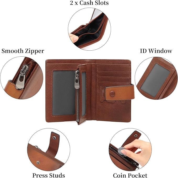 GAEKEAO Genuine Leather Wallets for Men with Zipper, RFID Blocking Mens Wallet with Coin Pouch, Bifold Wallet with 2 ID Windows in Gift Box, Billeteras de Hombres