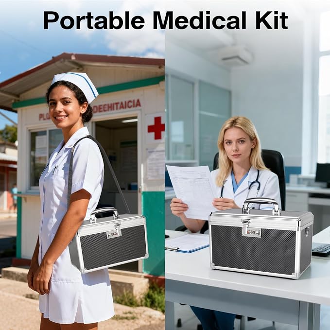 Medicine Box with Combination Lock - 13.4"x7.6"x8.2" First Aid Safe Medication Storage Case, Personal Items Safe Case for Hospital & Home & Outdoor 【Black】