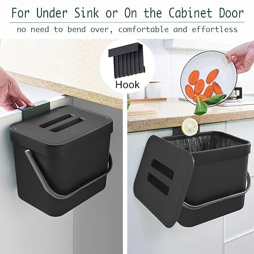 Kitchen Trash Can with Lid, LALASTAR Wall-Mounted Under Sink Small Garbage Can for Kitchen, Bathroom, Compost Bin Countertop, Cabinet Trash Can Hanging, 1.8 Gallon, (Black, 7L)