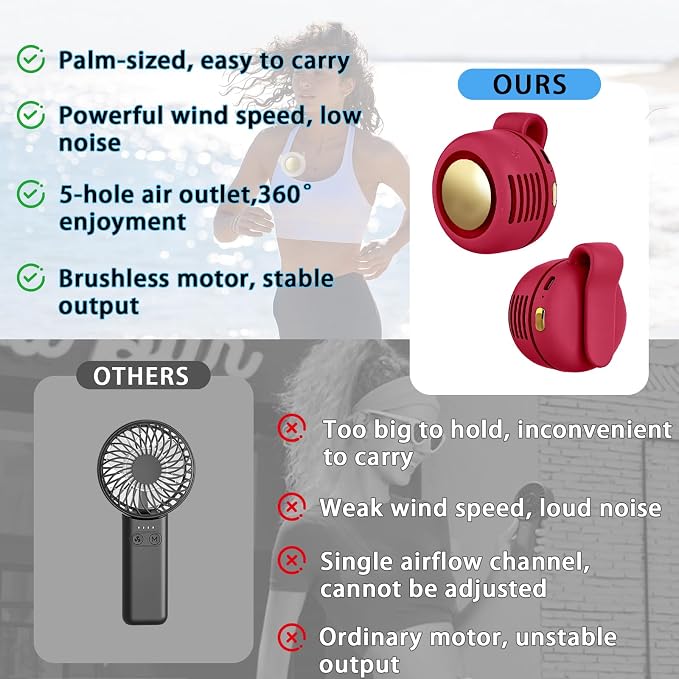 Portable Clip-On Fan, Mini USB Rechargeable 360° Rotatable Fan, Personal Fan 3-Speed Silent Mini Bladeless Fans (1 pack（Red）)