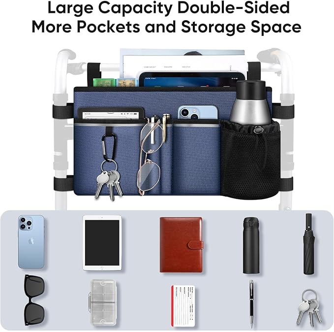 FINPAC Large Walker Tote Bag with Cup Holder, Folding Walker Attachment Hands-Free Storage Basket Mobility Aid Accessory Pouch for Elderly, Senior, Navy Blue
