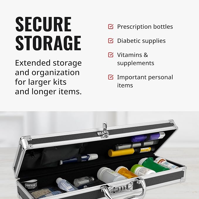 Vaultz Locking Medicine Case with Combination Lock - Portable Lock Box Briefcase for Medications, Cash & Valuables, Organized Storage Case with Handle, Extra Long, 1 Pack (16.5x5.5x2.75)