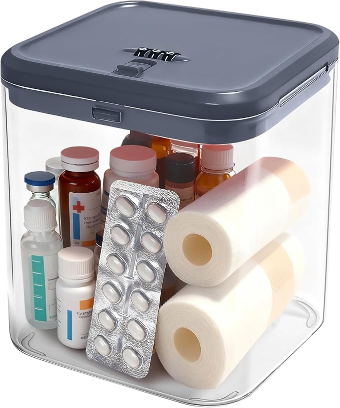 Small Lock Box for Safe Medication,Clear Lock Box with Combination Code,Locked Medicine for Pills First Aid,Lockable storage box for Snack/Fridge/Food/Phone medicine Organizer 5.5x5.5x5.6in