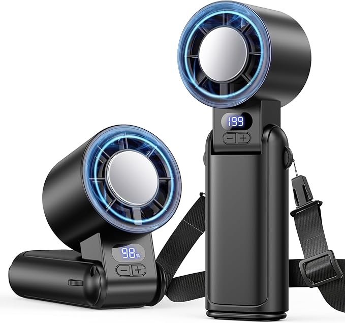 Portable Handheld Turbo Fan, 1-199 Speed Adjustable, Black | 4 IN 1 Pocket Design with LED Display, High-Power Motor, Rechargeable Battery, Mini Fans for Indoor/Outdoor/Travel/Work