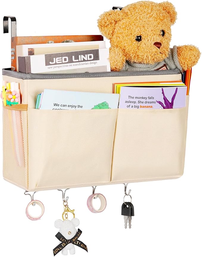 Bedside Caddy Organizer 5 Pockets and 4 Hooks for Bunk Bed Beige | Hanging Storage Bag for Headboards