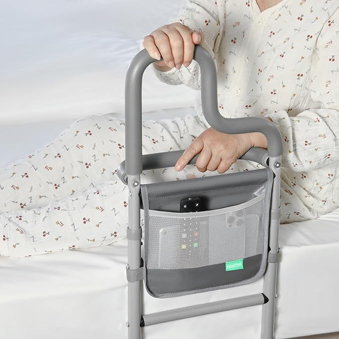 Dual Bar Bed Rail for Elderly Adults Safety with Storage Pocket, Bed Assist Rail for Seniors for Easily Getting in & Out of Bed, Bed Rails Fits King, Queen, Full, Twin Bed - Grey