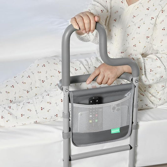 Dual Bar Bed Rail for Elderly Adults Safety with Storage Pocket, Bed Assist Rail for Seniors for Easily Getting in & Out of Bed, Bed Rails Fits King, Queen, Full, Twin Bed - Grey