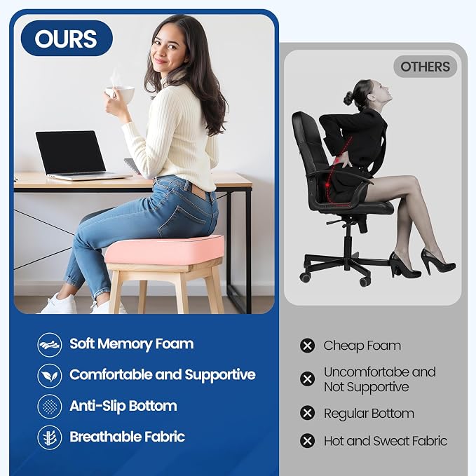 SweetSlubr Seat Cushion for Tailbone Pain Relief, Office Chair Cushion, Memory Foam Large Chair Pad with Non-Slip Cover for Soft Support at Office Chair, Car Seat, Airplane Pink/2X-Large