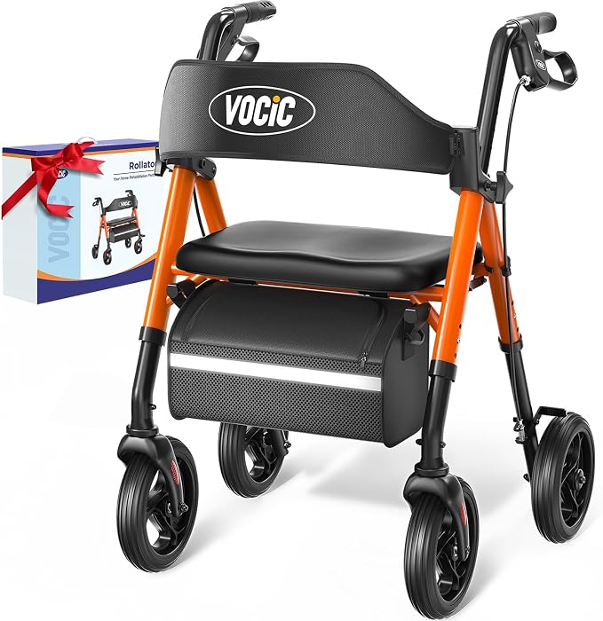VOCIC Z21 Rollator Walker for Seniors with Seat, 8" All Terrain, 350 LBS | Lightweight Foldable & Dual Height Adjustable for Seniors, Ergonomic Arc Seat&6" Ultra Backrest Provide Comfort, Orange