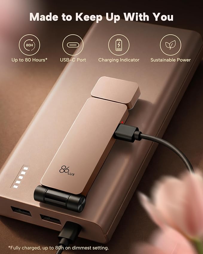 86lux Book Light, Rechargeable Clip-On LED Reading Light for Bed & Night Use - 3 Color Temperatures with Stepless Dimming, Ultralight Bookmark Design for Kids, Book Lovers, Pink Brown | 3 Color Temperatures with Stepless Dimming, Ultralight Bookmark De...