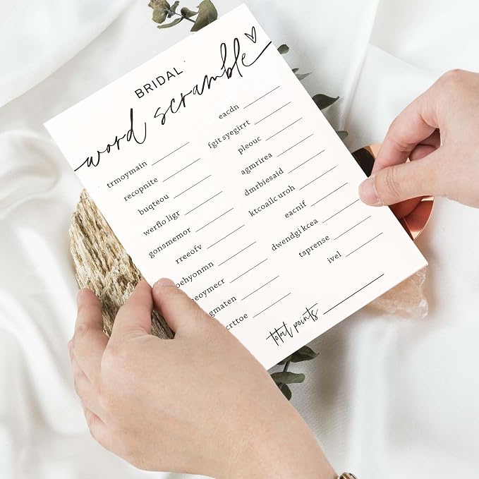 Bridal Shower Games Cards, Bridal Word Scramble, 25 Game Cards with 1 Answer Card, Engagement Party Wedding Games for Guests, Minimalist White Wedding Party Supplies - A14