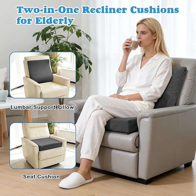 2-in-1 Recliner Cushions for Elderly Egg Crate Foam Seat Cushion and Ergonomic Back Support Pillow Non-Slip Recliner Cushions for Long Sitting Reduces Muscle Fatigue, Gray