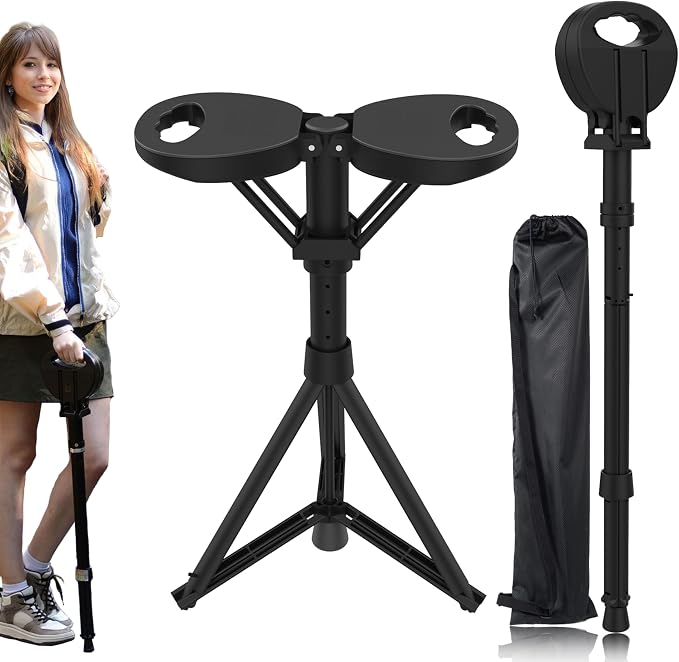 Folding Walking Stick with Seat, 3-in-1 Triple-Leg Cane Stool, 330lbs Capacity, Lightweight 3.5lbs Aluminum Alloy for Hiking, Travel & Elderly Support Includes Storage Bag