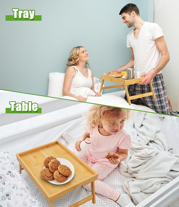 Youpehom Bamboo Bed Tray Tables with Folding Legs, Medium, 4-Pack, Bamboo | Four bamboo bed trays with folding legs and handles for family meals, guests, reading, laptop use and everyday serving.
