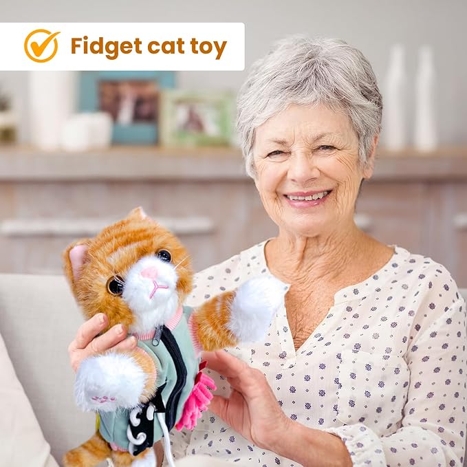 Fidget Muff Cat and Blanket for Elderly | Dementia Products for Elderly Fidget Blanket for Adults with Stuffed Cat | Fidget Blanket for Seniors Alzheimer's Activities | Sensory Fidget Toys