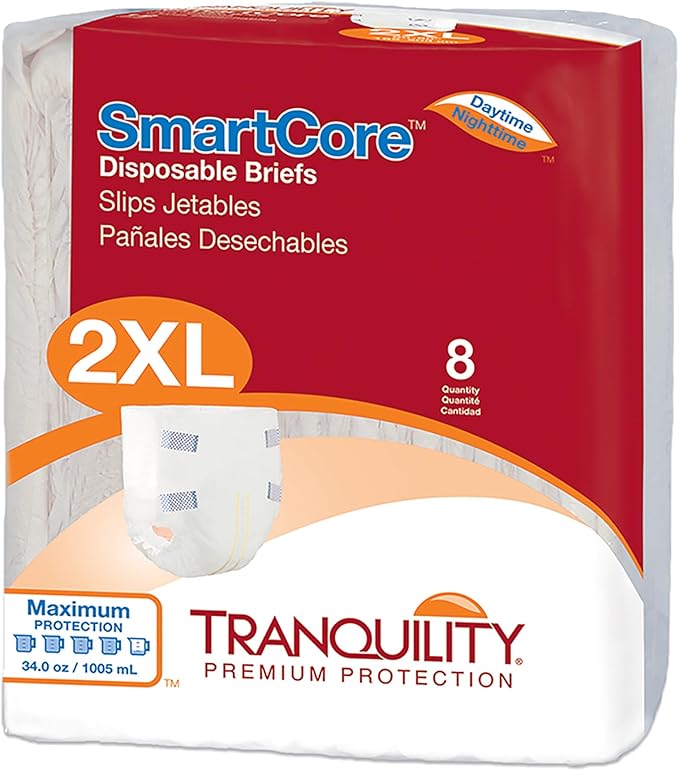 Tranquility SmartCore Adult Disposable Briefs, Incontinence Control with Breathable Kufguard Technology, Fastening Tabs & Wetness Indicator, Latex-Free, Adult XX-Large, 34oz Capacity, 8ct Bag