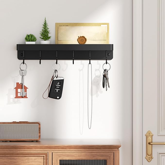 niffgaff Black Key Holder Wall Mount, Stainless Steel Self Adhesive Hooks Rack with Shelf, No Drill Key Hanger for Door and Wall