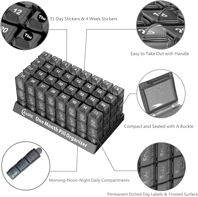 CAidRE Monthly Pill Organizer 3 Times A Day, One Month Pill Box Organizer Morning-Noon-Night, 31 Day Pill Organizer with 32 Daily Compartments for Fish Oil, Vitamins, Supplements and Medications,Black