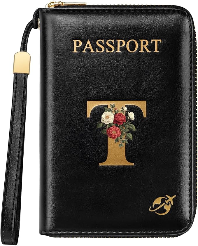 Passport Holder for Travel Personalized Wallet with Wristlet Women | Passport Cover, RFID Blocking, Passport Book Holders, Back Coin Pocket, Zipper Closure, Roses Initial Letter, Black T