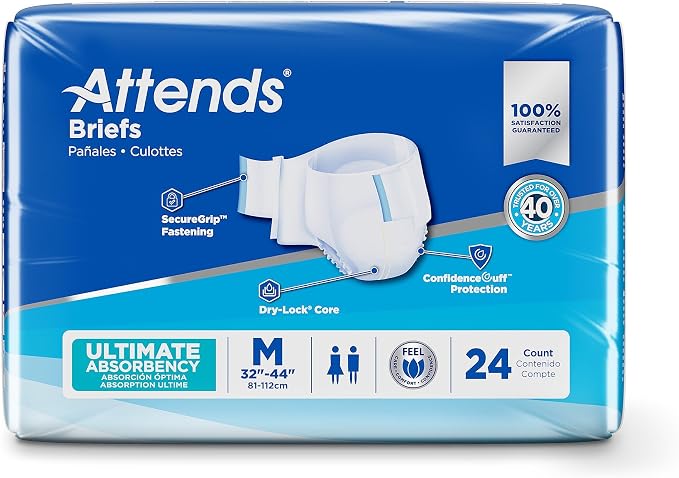 Attends Confidence® Adult Unisex Disposable SmartCool® Briefs, Medium, 32"-44" Waist, SecureGrip Tab Closure, Ultimate Absorbency, Breathable Materials, 96ct Case