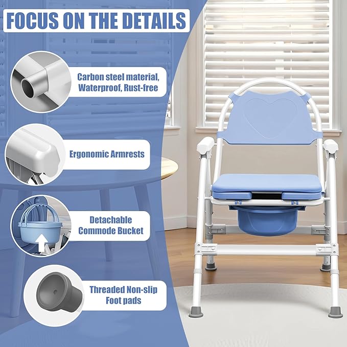 4 in 1 Folding Bedside Commode Chair for Seniors & Disabled - Adjustable Height Adults Potty Chair with Arms, Back & 30 PCS Cleaning Bag for Pregnant Women & Post-Surgery - Supports 360 lbs(ABS Seat)