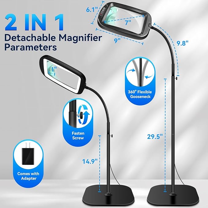 30X 10X Extra Large Floor Magnifying Glass with Light and Stand | 60 LED Flexible Gooseneck Floor Magnifying Lamp with 5 Color Modes, 2-in-1 Lighted Magnifiers for Close Work, Sewing,Crafts