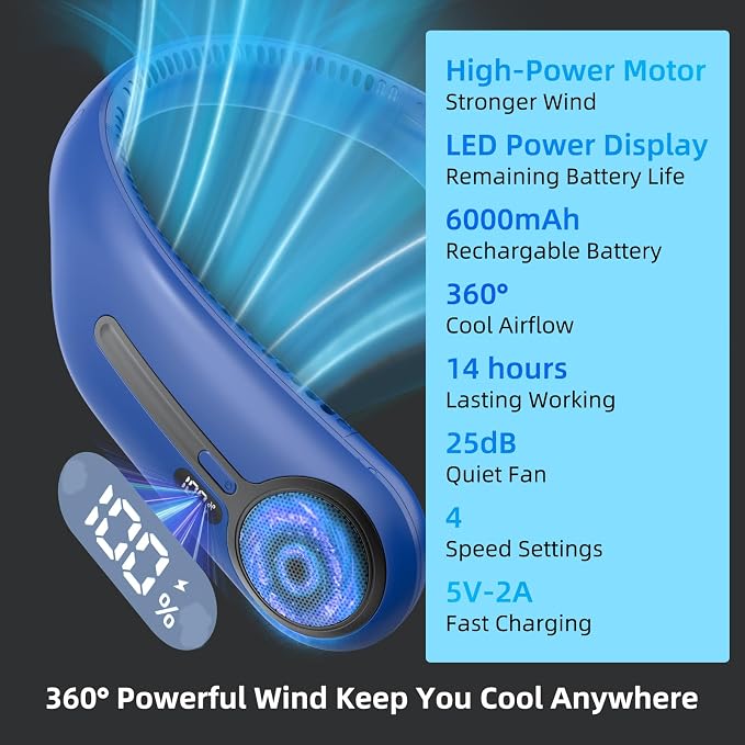 Portable Neck Fan, Personal Wearable Bladeless Fan, 6000mAh USB Rechargeable, 360° Airflow, LED Display, 4-Speeds, Hands Free Fan for Outdoor Indoor, Birthday Gifts for Men Women Dad Mom (Navy)