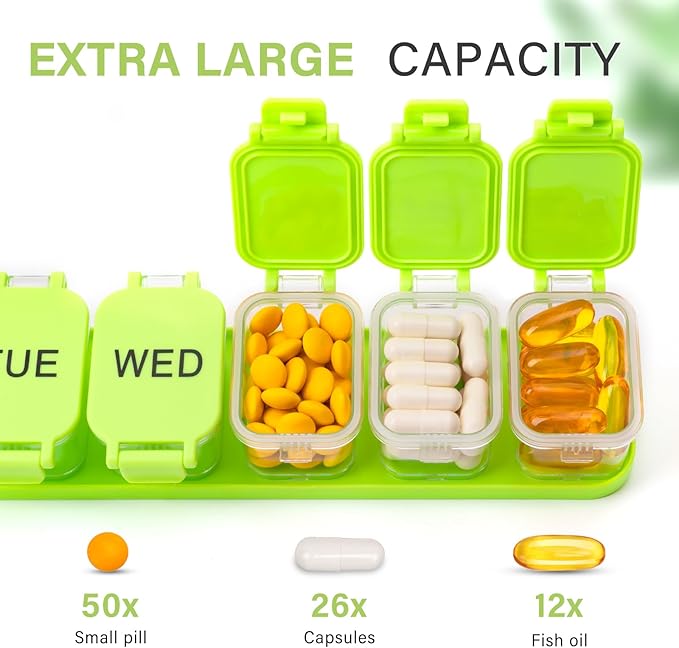 Extra Large Weekly Pill Organizer - Waterproof 7-Day Pill Box, Portable Vitamin & Supplement Case, Easy to Open Design, Ideal for Travel a nd Daily Medication Management (Green)