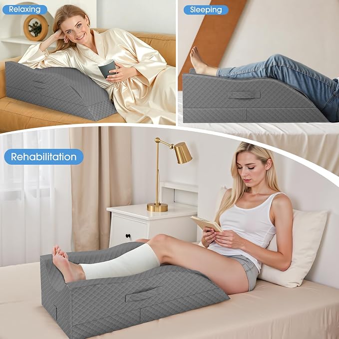TranquilRelax Elevation Pillows for Leg After Surgery, Memory Foam Adjustable Wedge Pillow for Injury or Rest, Ankle Pillow for Sleeping Blood Circulation, Full Grey/Double Leg
