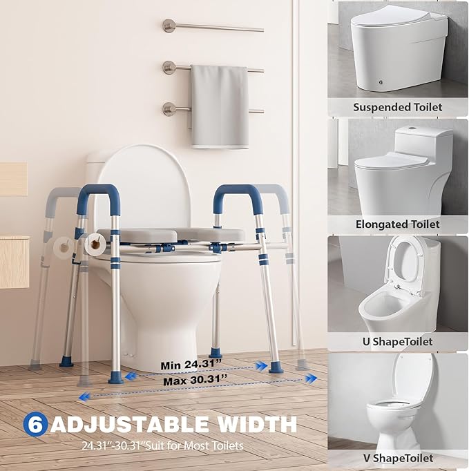 Toilet Seat Risers for Seniors, Raised Toilet Seat with Padded Handles & Seat, 400 LBS Raised Toilet Seat with Adjustable Height & Width for Pregnant, Disabled, Handicapped,(Blue)